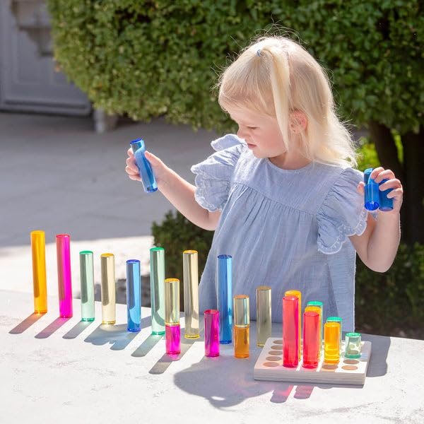 tickit Graduated Gem Columns Play Set with Wooden Storage Tray – 25 Translucent Acrylic Cylinders for Stacking, Colour Mixing, Measurement, Construction & Sensory Learning