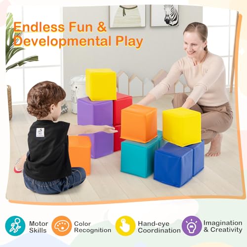 COSTWAY 12Pcs Soft Play Foam Blocks, 14x14cm Soft Building Stacking Cubes, Indoor Construction Learning Toys for Baby Toddler Kid (Warm Colour)