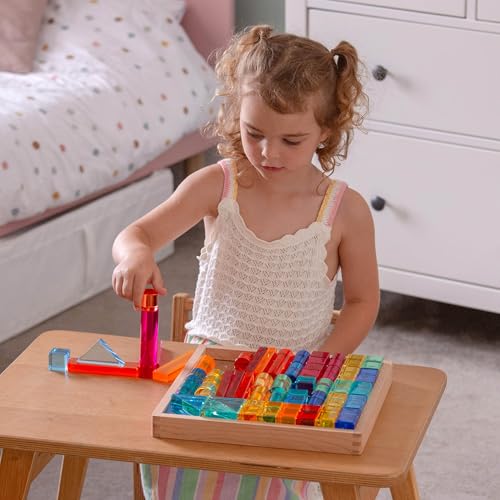 tickit Wooden Building Blocks & Crystal Gem Cubes Construction Set with Storage Tray – Mixed Shape Blocks for Stacking, Balance, Architecture, Small World & Creative Play