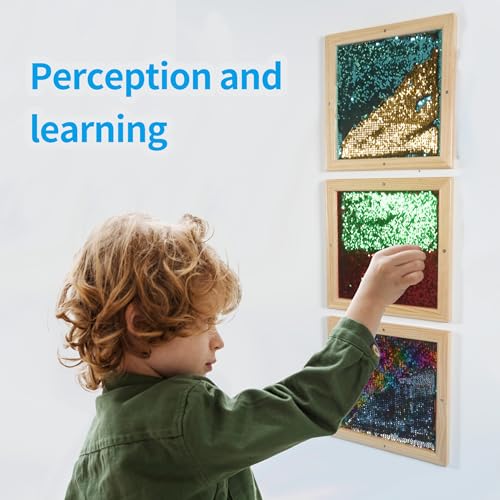 3 Packs Wall-Mounted Sequin Sensory Wall, 14''x14'' Reversible Sequin Sensory Panel with Solid Wood Frame, Early Learning & Development, Ideal for Sensory Rooms, Therapy, Education, and Home Use