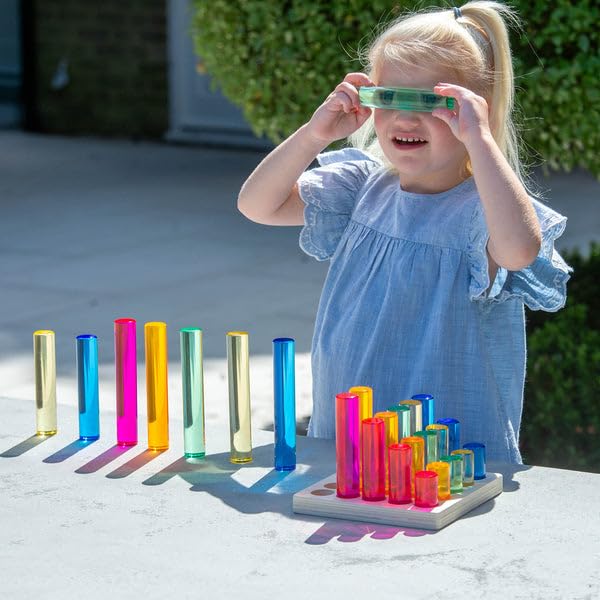 tickit Graduated Gem Columns Play Set with Wooden Storage Tray – 25 Translucent Acrylic Cylinders for Stacking, Colour Mixing, Measurement, Construction & Sensory Learning