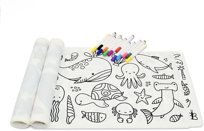 Sensory Junction Silicone Washable Colouring Placemats for Kids| 2-PACK| Includes 2 Sets of Colourful Pens Wipe Clean Reusable Eco-Friendly Colouring Pad (OCEAN MAT & JUNGLE MAT)