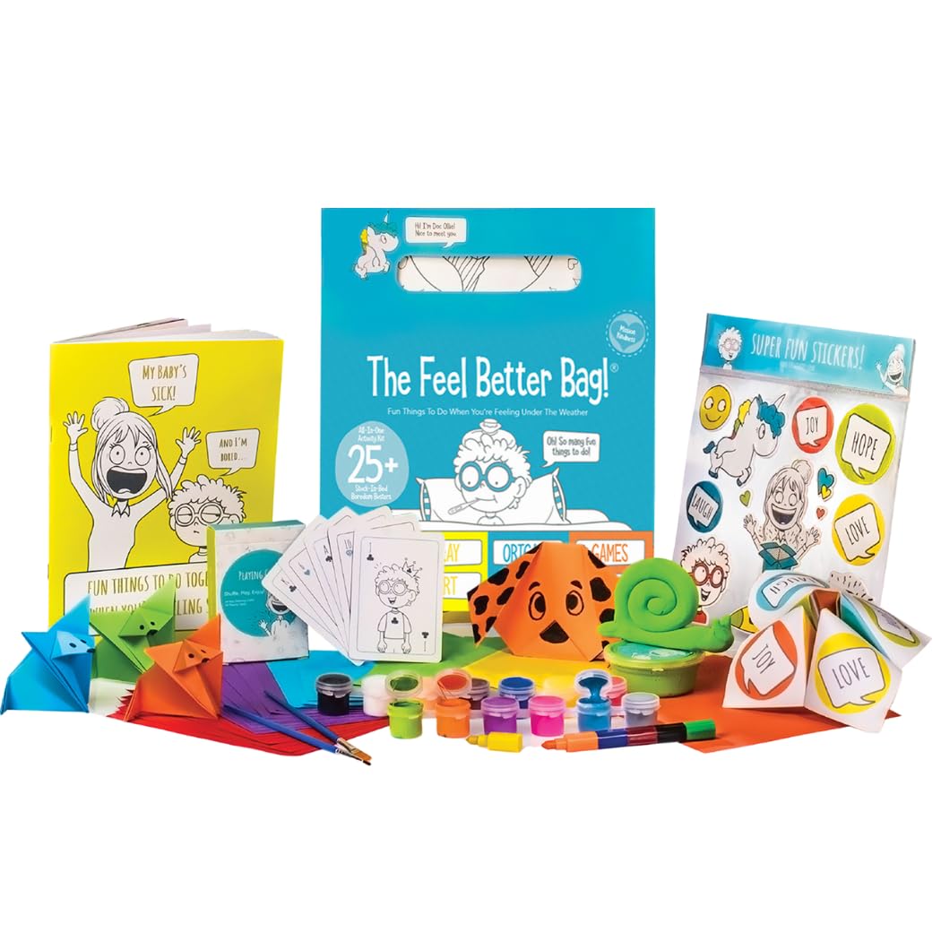 Feel Better Bag: Get Well Soon Kids Gifts Basket, 25+ Fun Activities, Playing Cards, Origami, Games, Clay Art, Magic Tricks - Great Gift for Kids After Surgery Ages 4+, Blue