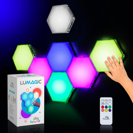 Play Forward LuMAGIC 7-pk Tap Tap Sensory Lights - Touch & Remote Controlled Multicolored Magnetic Hexagon Lights, Interactive & Calming for Sensory Rooms and Kids’ Bedrooms