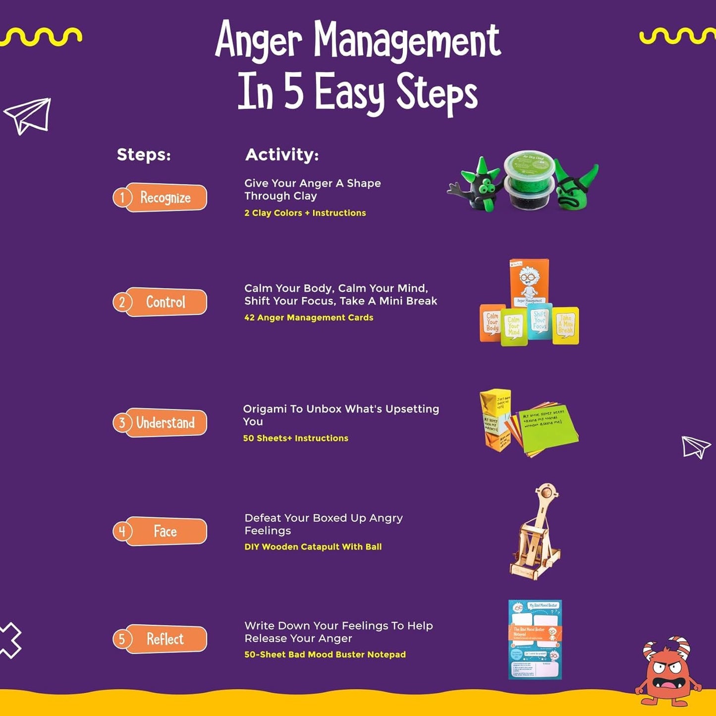 Colourful Anger Management Box for Kids - Educational Toys with Flashcards, DIY Wooden Catapult, Air Dry Putty, Origami Paper, Bad Mood Buster Notepad - Anger Management Toys for Ages 4+