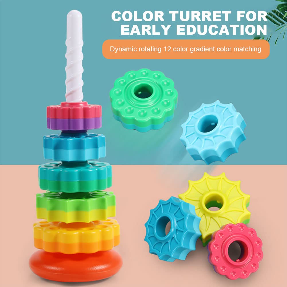 Starnearby Baby Spinning Toy Rainbow Stacking, Sensory Spin Gears Stacking Rings Toy, Ring Stacker Plugging Toys