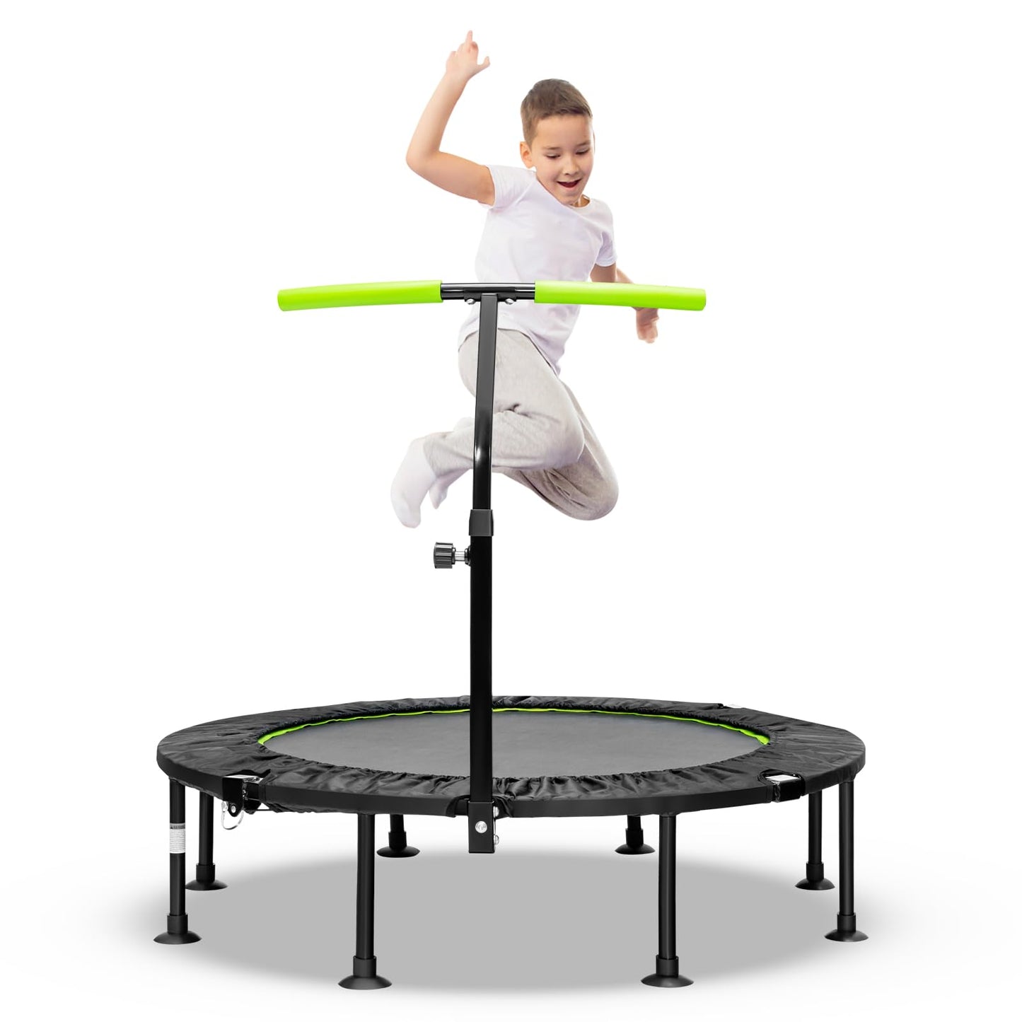 GYMAX 45'' Kids Trampoline, Foldable Fitness Rebounder with Adjustable T-Shaped Handrail and Anti-Slip Foot Pad