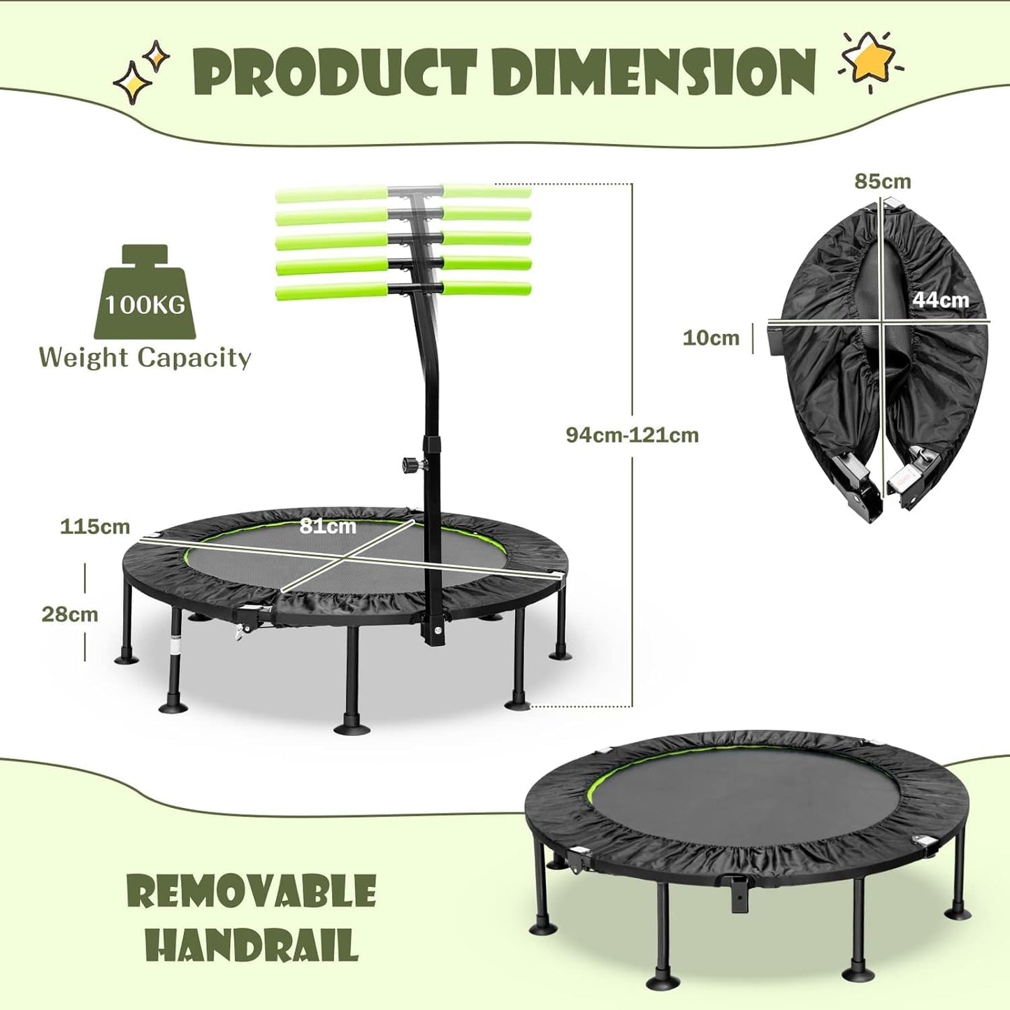 GYMAX 45'' Kids Trampoline, Foldable Fitness Rebounder with Adjustable T-Shaped Handrail and Anti-Slip Foot Pad