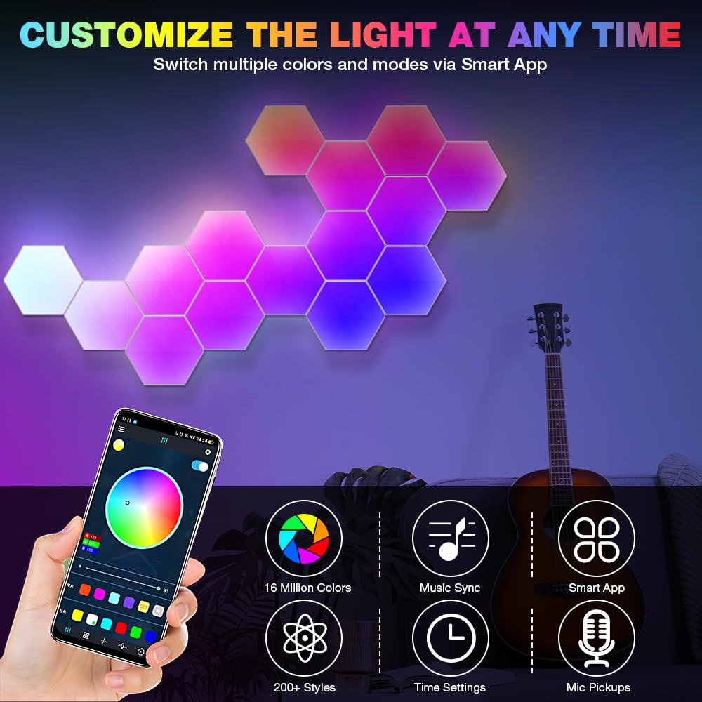 SGZIOO 12 Pack Hexagon LED Lights with Remote and App, RGB LED Hexagon Lights with Smart Music Sync, Led Gaming Light for Kids and Adults, Hex Light Gaming for Room, Bedroom, Game Setup, Bar Decor
