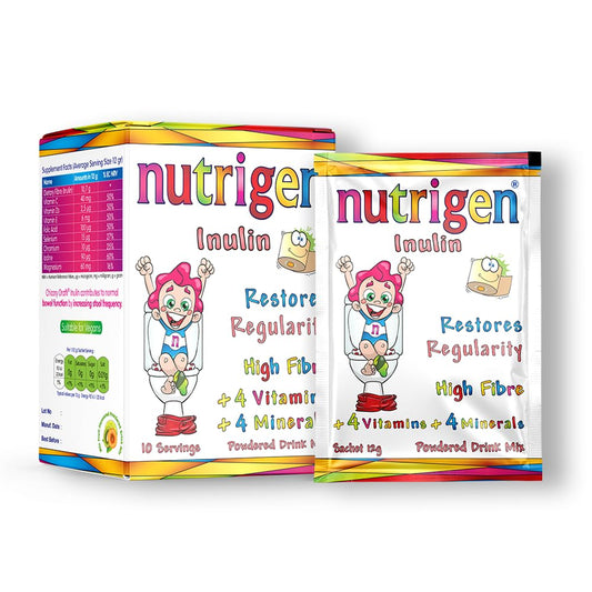 Nutrigen Inulin Prebiotic Fiber with Vitamins C, D, E, Folic Acid, Iodine, Magnesium, Selenium & Chromium • Gut Health • Bowel Regularity • Convenient Drink Mix • 10 Sachets