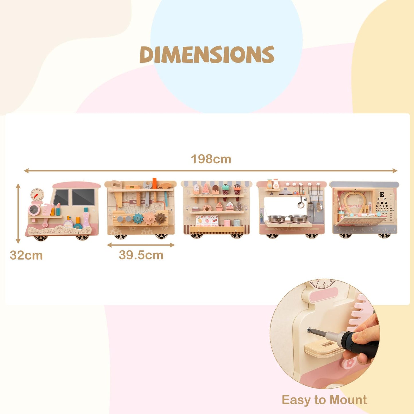 COSTWAY Train Activity Wall Busy Board, Wooden Sensory Wall Panel with Vanity, Tool Box, Play Kitchen, Doctor Kit & Snack Bar, Toddler Montessori Learning Toy for Playroom, Daycare, Nursery