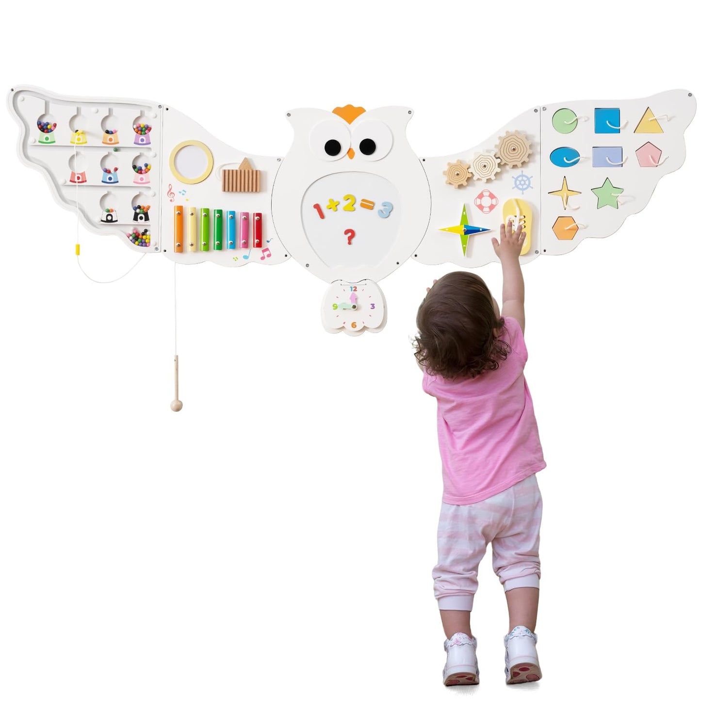 COSTWAY Activity Wall Busy Board Panels, 11 in 1 Wooden Sensory Wall Toy, Toddler Learning Activity Center for Education & Early Development (White Owl)