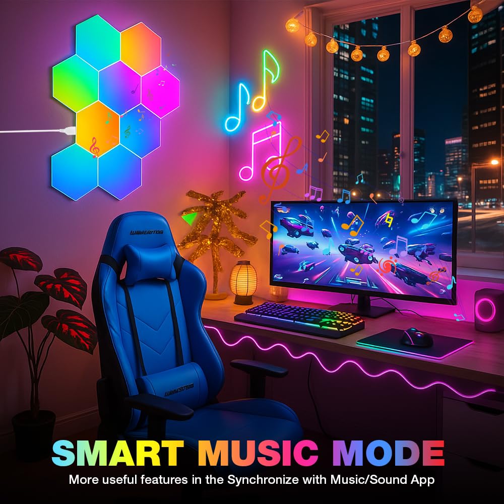SGZIOO 12 Pack Hexagon LED Lights with Remote and App, RGB LED Hexagon Lights with Smart Music Sync, Led Gaming Light for Kids and Adults, Hex Light Gaming for Room, Bedroom, Game Setup, Bar Decor
