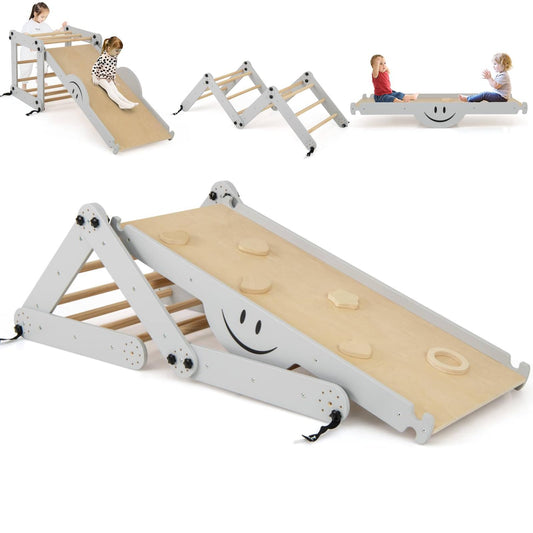 GYMAX 10 in 1 Kids Climbing Set, Foldable Wooden Toddler Climber with Reversible Ramp