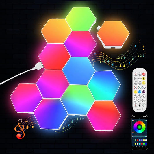 SGZIOO 12 Pack Hexagon LED Lights with Remote and App, RGB LED Hexagon Lights with Smart Music Sync, Led Gaming Light for Kids and Adults, Hex Light Gaming for Room, Bedroom, Game Setup, Bar Decor
