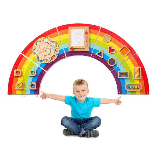 Monläurd® Wooden Rainbow Busy Board - Sensory Wall Activity Panel for Toddlers & Babies, Fine Motor Skills Development, Educational Screen-Free Toy for Playroom, Nursery, Daycare