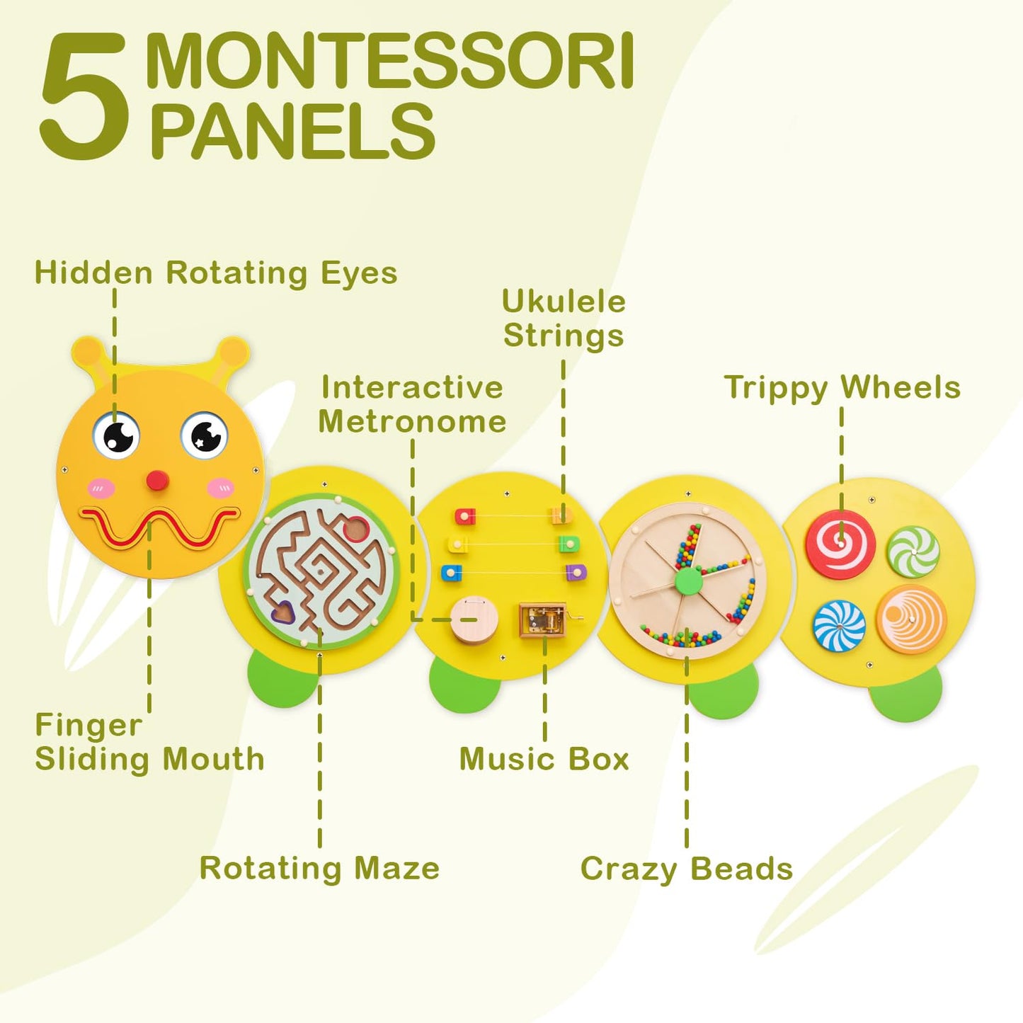 Monläurd® Caterpillar Montessori Busy Board, Sensory Board, Activity Cube, Wall Toys, Daycare Furniture, Playroom Furniture, Wooden Toys, Boys and Girls 6 M+