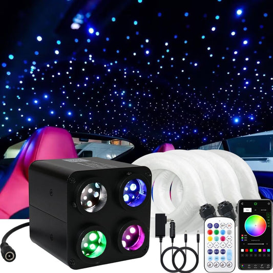 36W 4-Color RGBW Twinkle Fiber Optic Starlight Headliner Kit - 800pcs0.75mm3m High-Density Star Ceiling Lights with 4-Port Sound Activation, Bluetooth APP & Remote Control for Car and Home Decoration
