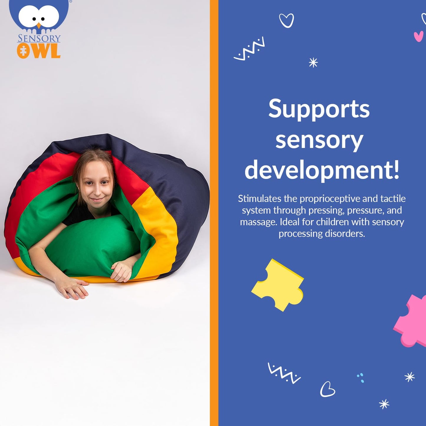 Sensory Owl Sensory Play Tunnel For Kids Pouffe 90 x 70 cm Large Bean Bag Stress Relief Spatial Awareness Autism Anxiety 100% Cotton