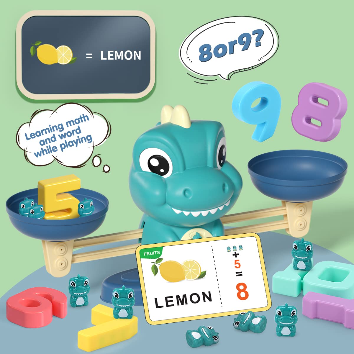 REMOKING Math Game for Kids,Balance Counting Dinosaur Toys for 3 4 5 6 7 8 Year old Boys&Gilrs,Abacus Toy&Spell Word Game with Flash Cards