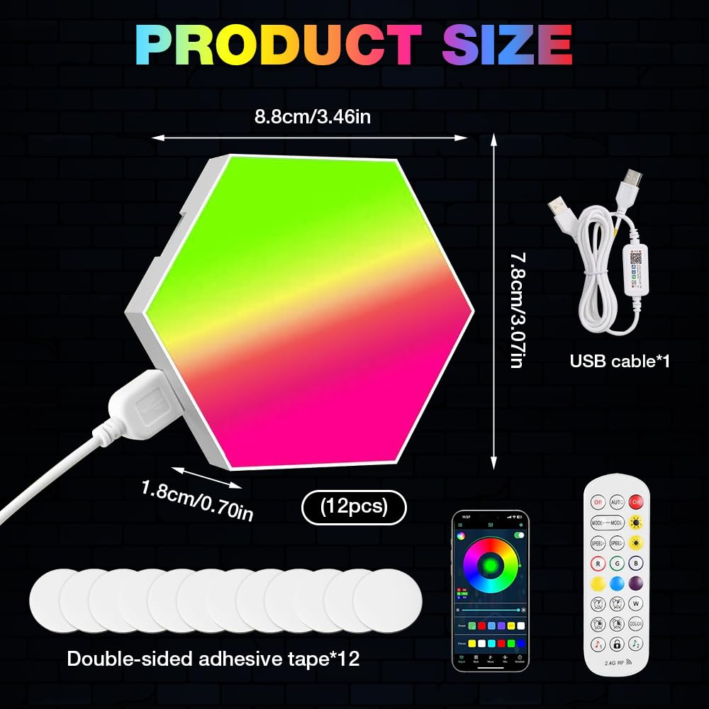SGZIOO 12 Pack Hexagon LED Lights with Remote and App, RGB LED Hexagon Lights with Smart Music Sync, Led Gaming Light for Kids and Adults, Hex Light Gaming for Room, Bedroom, Game Setup, Bar Decor