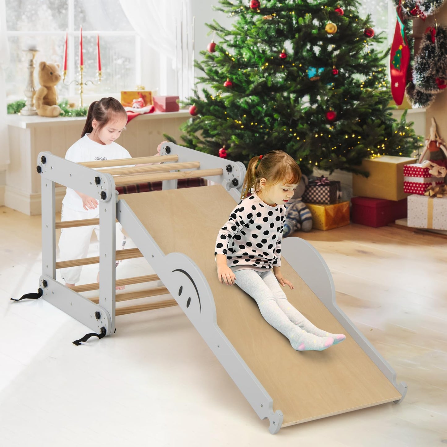 GYMAX 10 in 1 Kids Climbing Set, Foldable Wooden Toddler Climber with Reversible Ramp