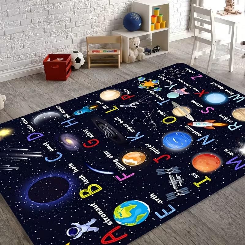 Kuluoits Galaxy Starry Sky Area Rug, 60x90cm ABC Educational Learning Planet Constellation Rocket Washable Indoor Rugs, Non-Slip and Easy-to-Clean Carpet for bedrooms, living rooms, children's rooms