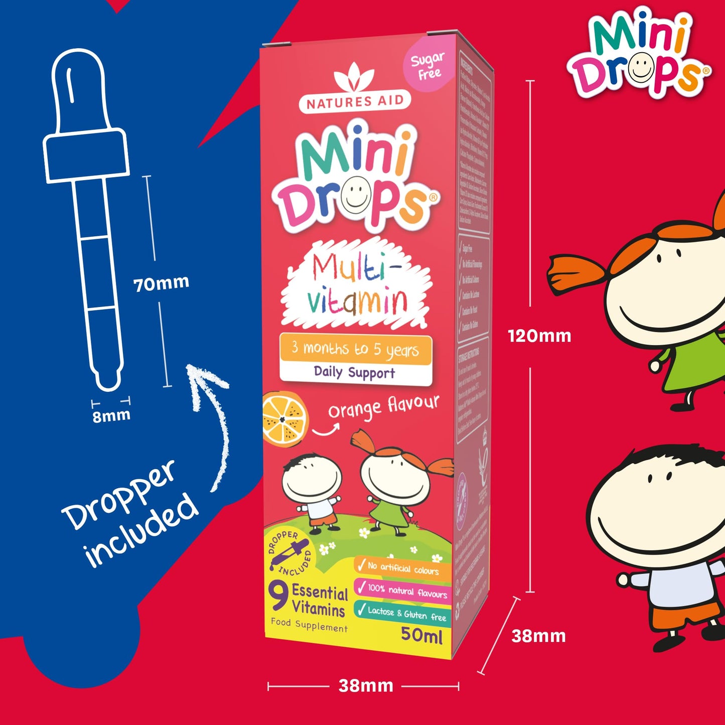 Natures Aid Mini Drops Multi-Vitamin for Babies & Kids 50ml – 9 Essential Vitamins Support Growth & Immune Health for Children Age 0-5 Years Old – Sugar Free Vegan Non-GMO Gluten-Free Dropper Included