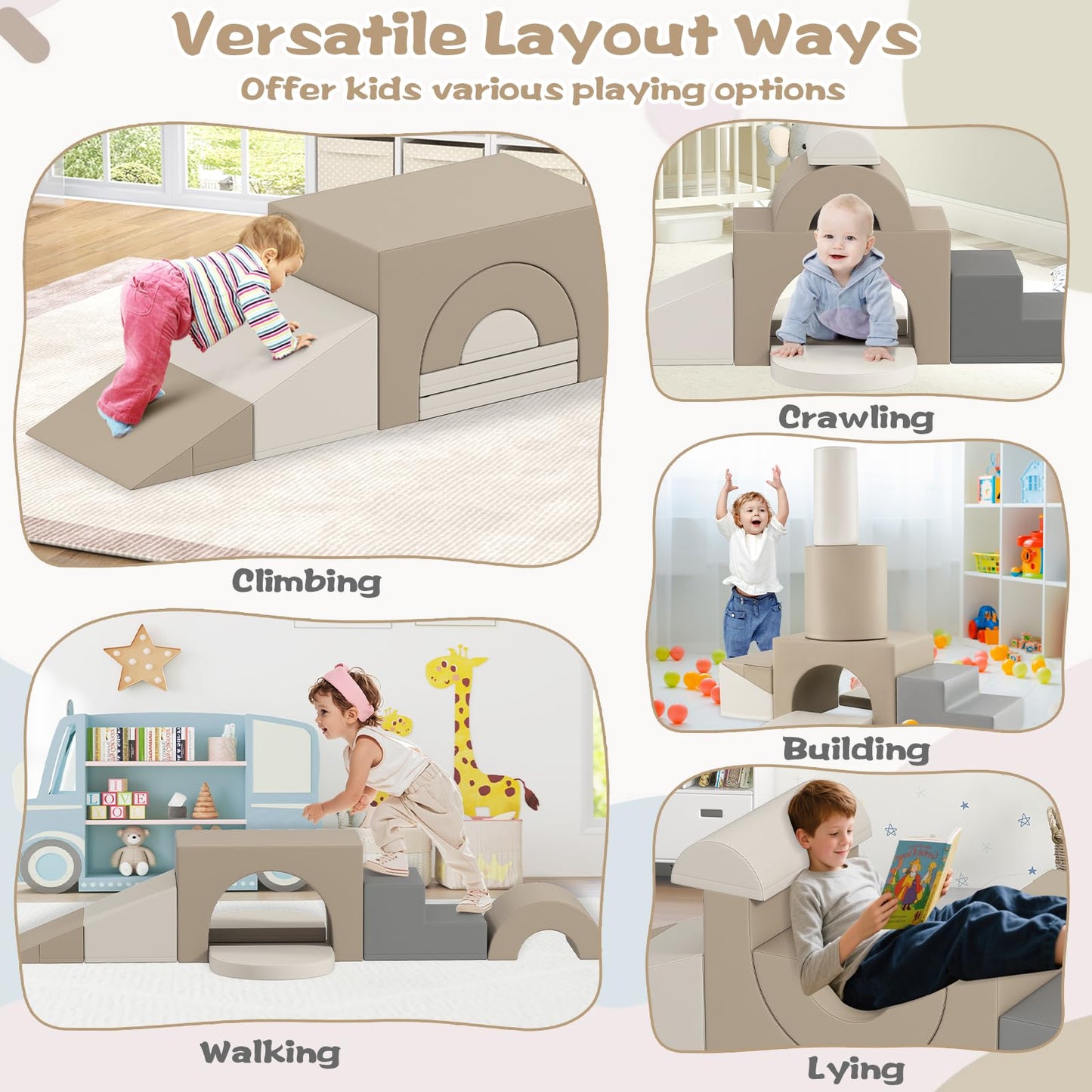 COSTWAY Kids Soft Play Set, 7-Piece Toddler Foam Climbing Blocks with Waterproof PU Leather, Indoor Baby Climb and Crawl Activity Playset for Sensory Motor Skills (Grey+Beige)