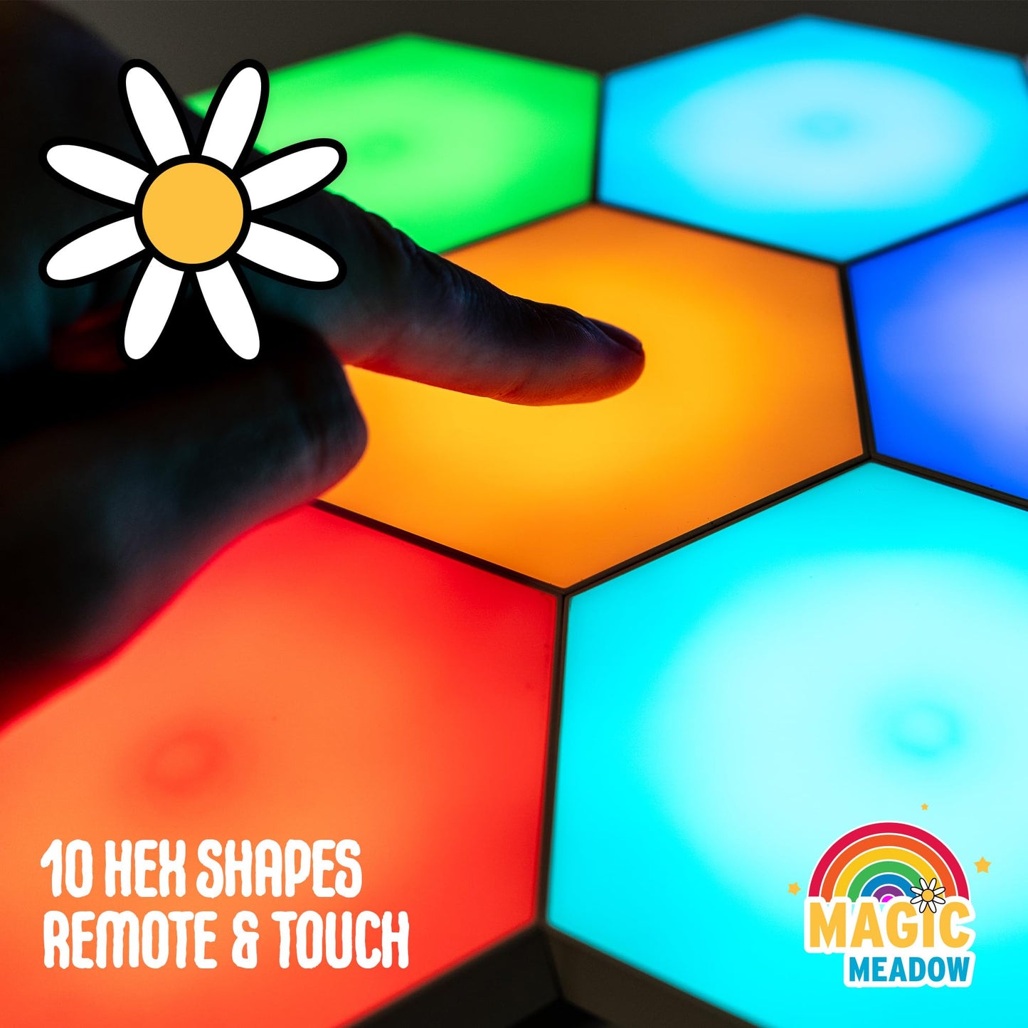 MagicMeadow Touch-Sensitive Hexagon Wall Lights Set of 10 | Interactive, Modular LED Wall Panels | Autism-Friendly Sensory Development Lighting | Kids' Room Decor | Ambiance Lamp for Relaxation Focus