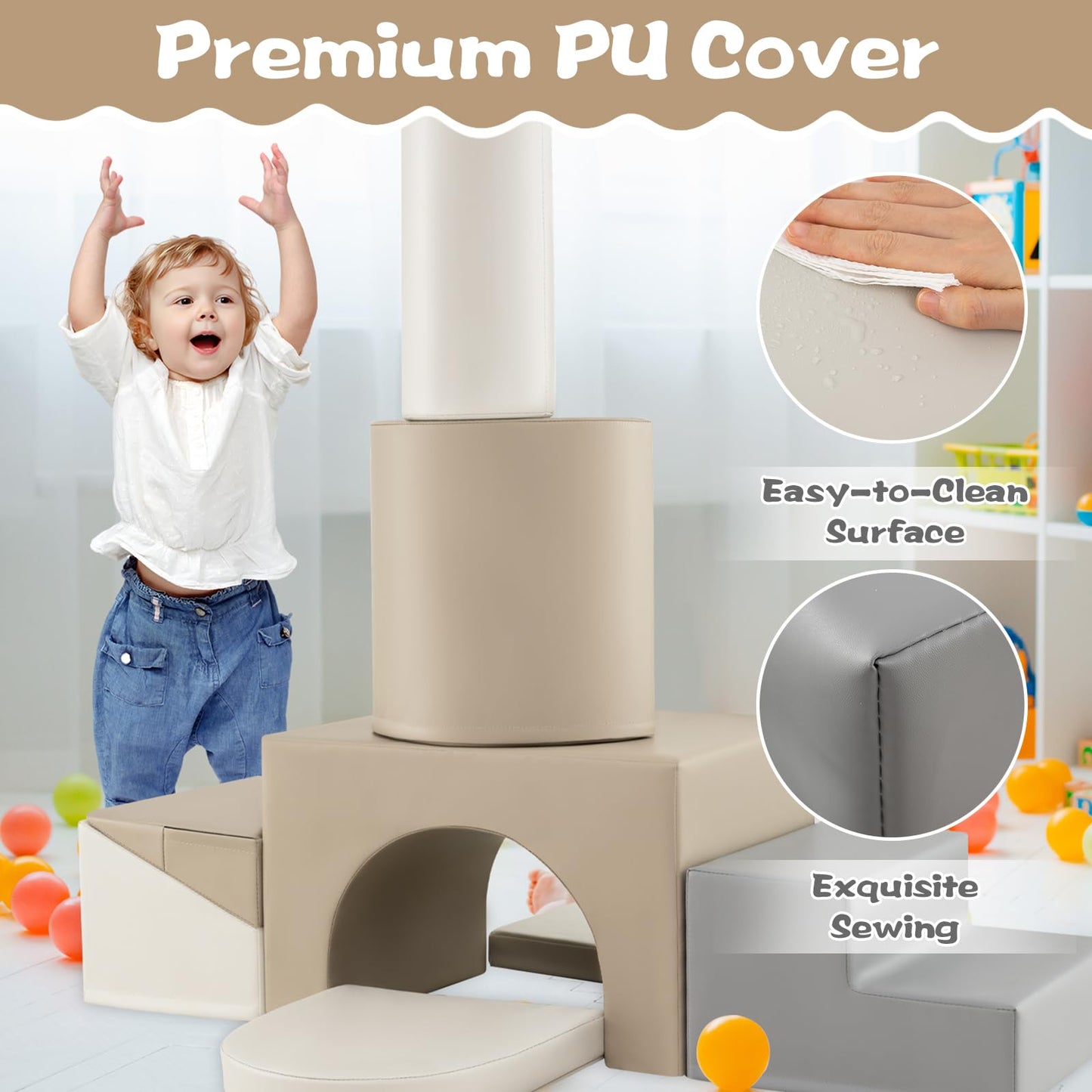 COSTWAY Kids Soft Play Set, 7-Piece Toddler Foam Climbing Blocks with Waterproof PU Leather, Indoor Baby Climb and Crawl Activity Playset for Sensory Motor Skills (Grey+Beige)