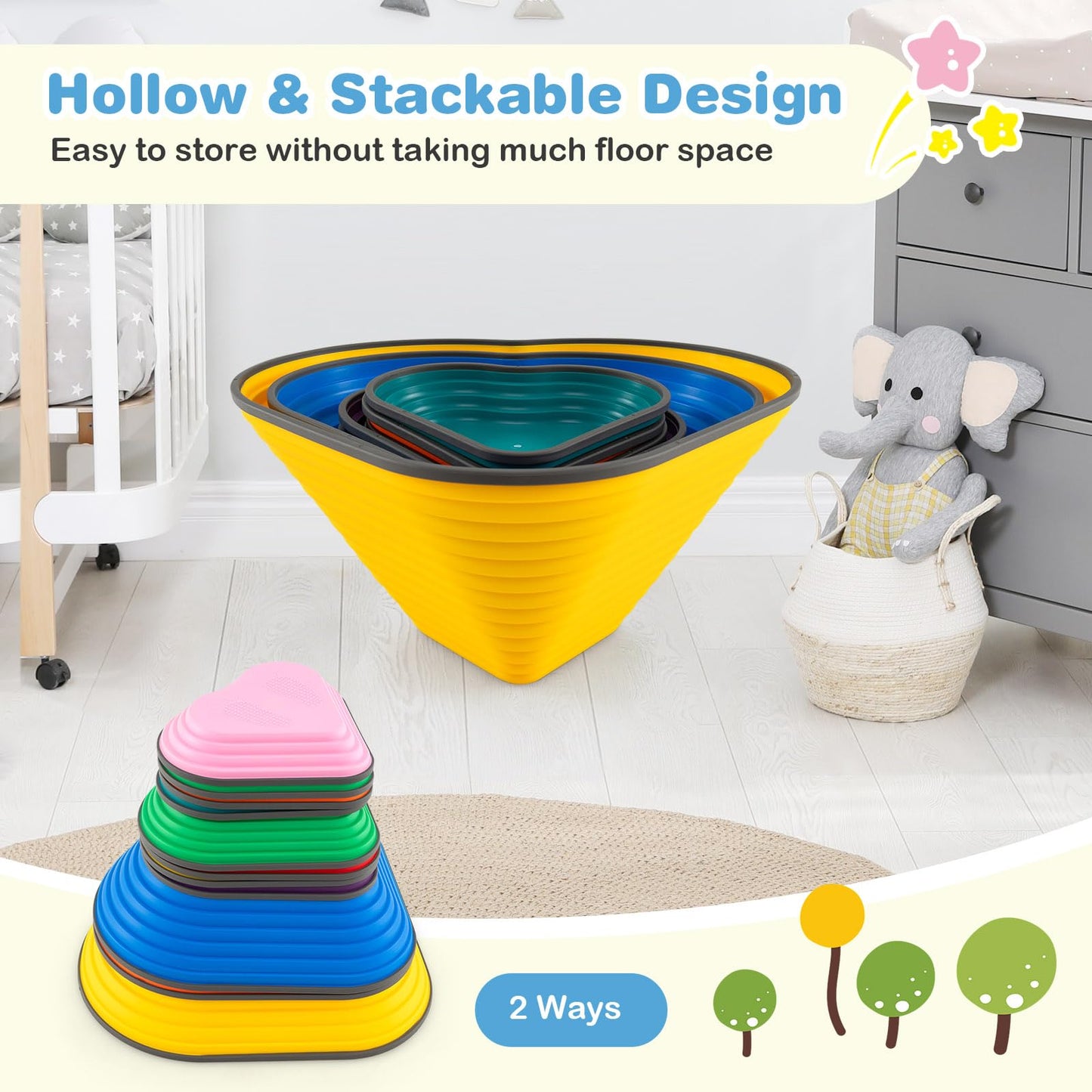 COSTWAY 11-Piece Kids Stepping Stones, Children Obstacle Course Stackable Balance Blocks with Full Non-Slip Edge, Heart-Shaped Balance Stones for Toddlers
