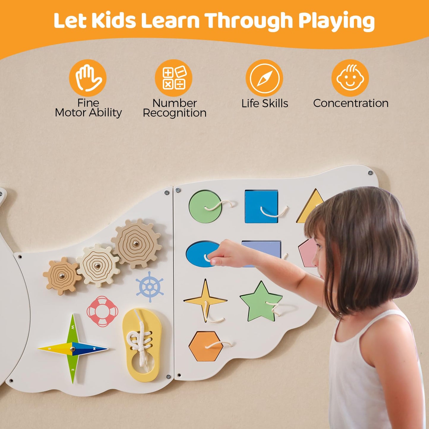 COSTWAY Activity Wall Busy Board Panels, 11 in 1 Wooden Sensory Wall Toy, Toddler Learning Activity Center for Education & Early Development (White Owl)