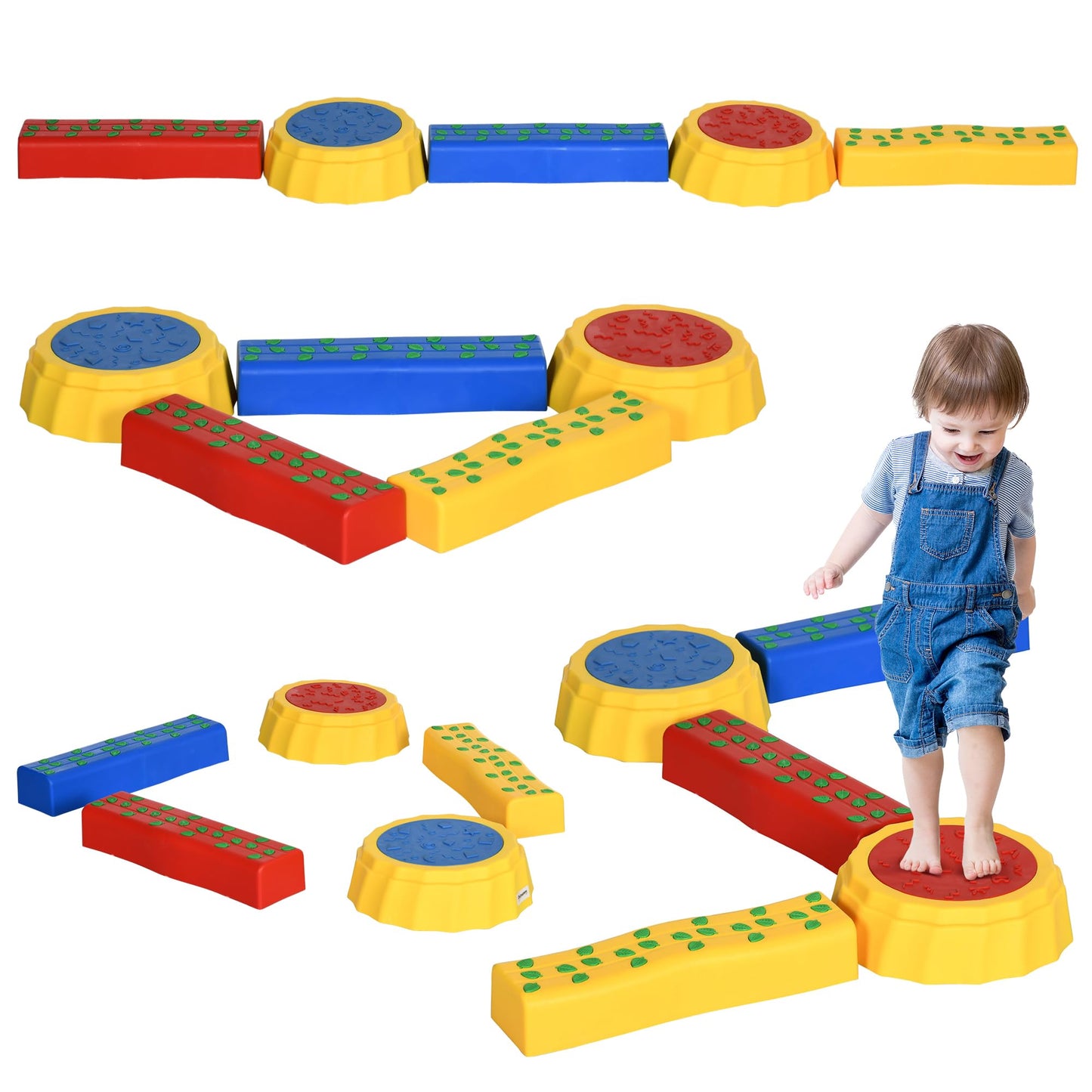 Outsunny 5 PCS Stepping Stones Kids Balance Beam w/Non-Slip Surface and Bottom, Outdoor Indoor Sensory Toys, Obstacle Course for Toddlers