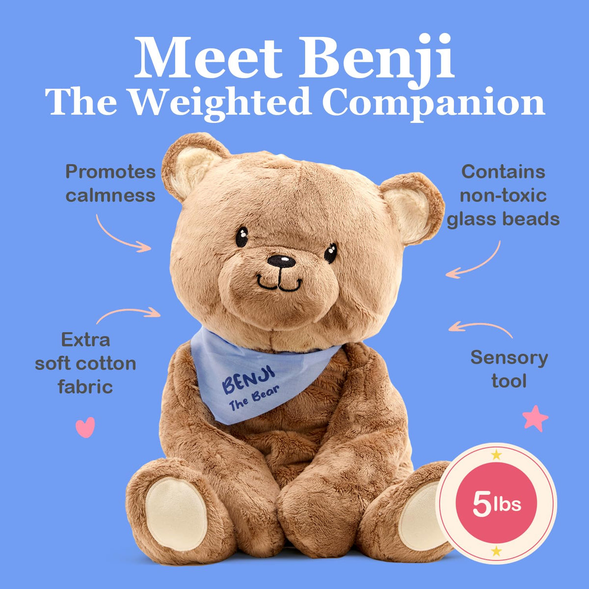 Lilly's Love Benji the Bear, 4.5lb Weighted Stuffed Animal | Sensory Companion for Kids and Adults | Machine Washable with Removable Inner | Great Gift