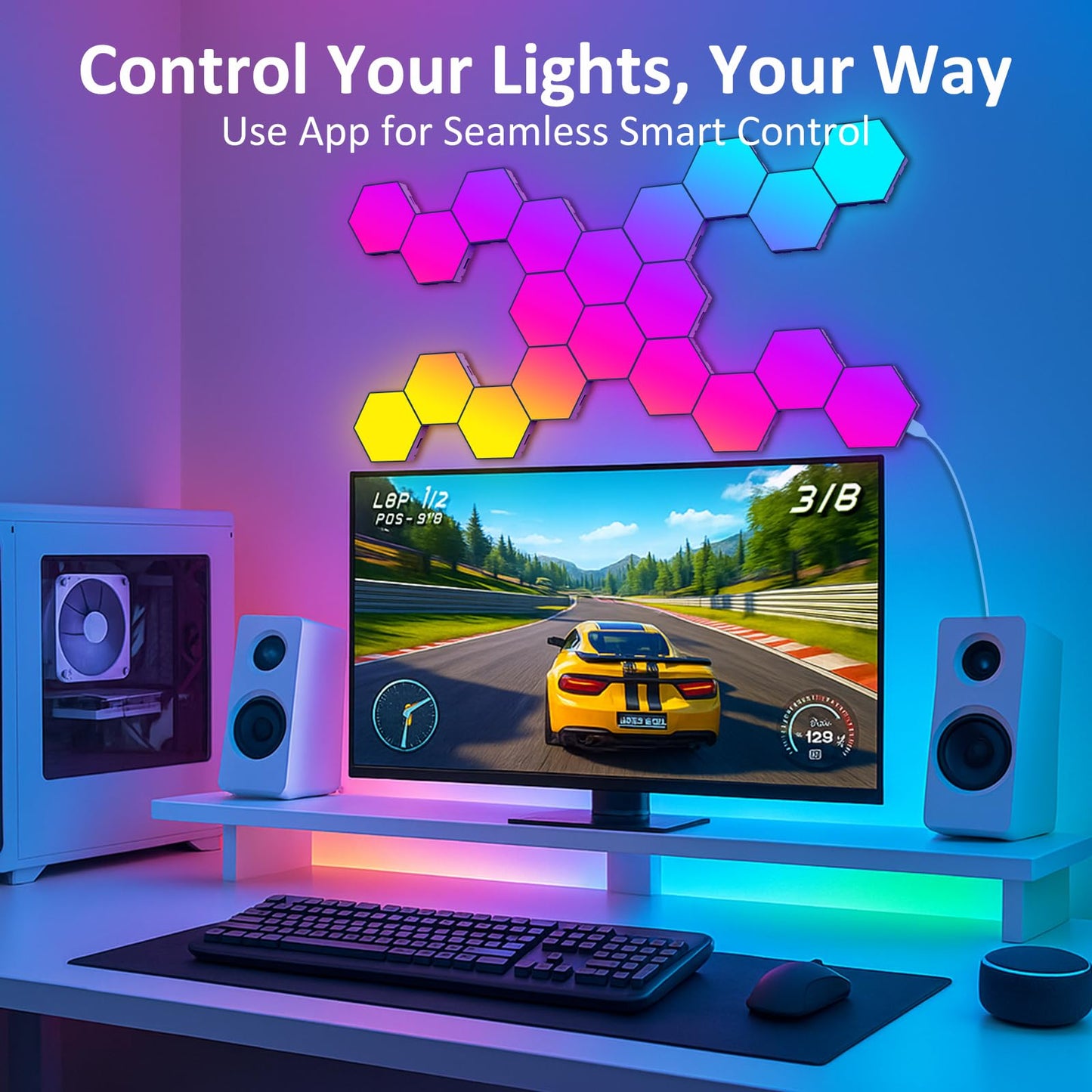 Kangtaixin Hexagon LED Lights – 8 Pack Hex Wall Light RGB Gaming Panels, Hexagonal Smart Light Sync to Music for Room Decor, Bar, Gaming Setup, Bedroom Wall