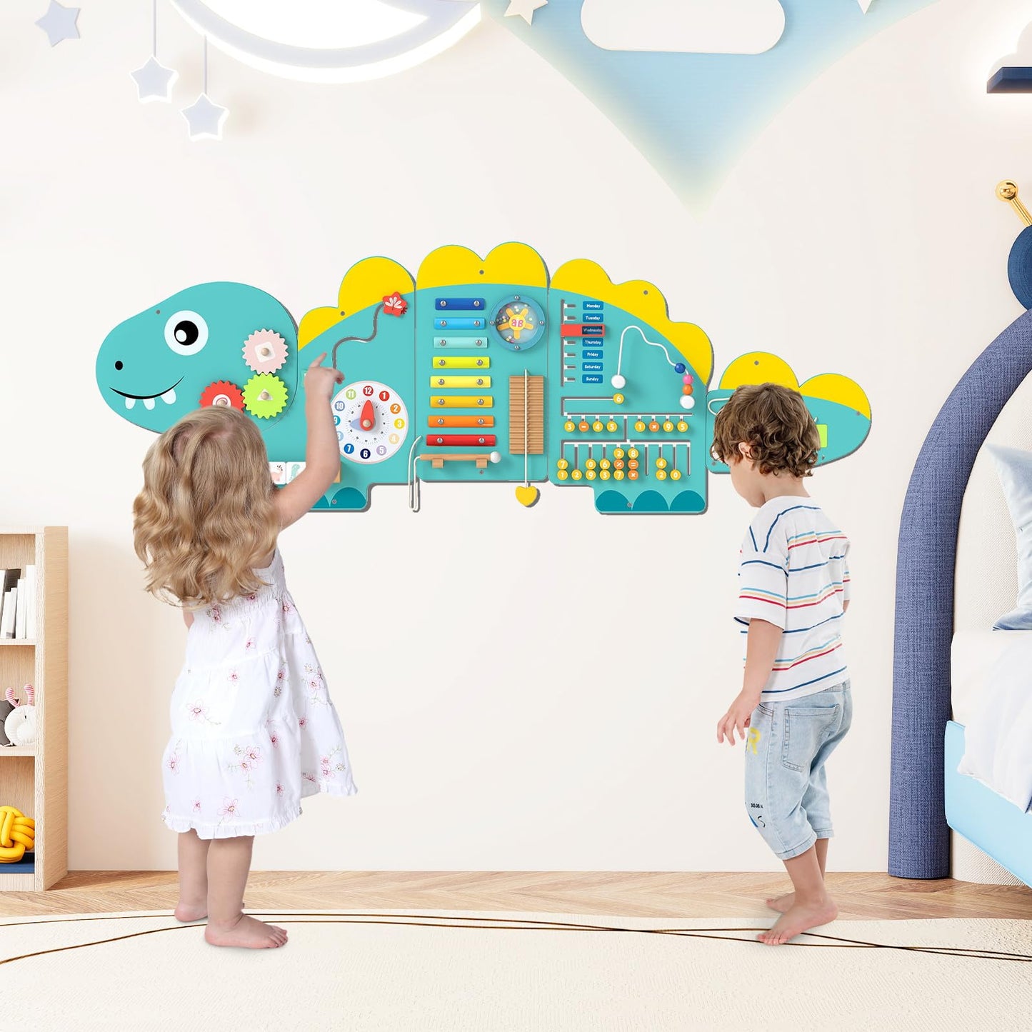 COSTWAY Activity Wall Busy Board Panels, 11 in 1 Wooden Sensory Wall Toy, Toddler Learning Activity Center for Education & Early Development (Green Dinosaur)