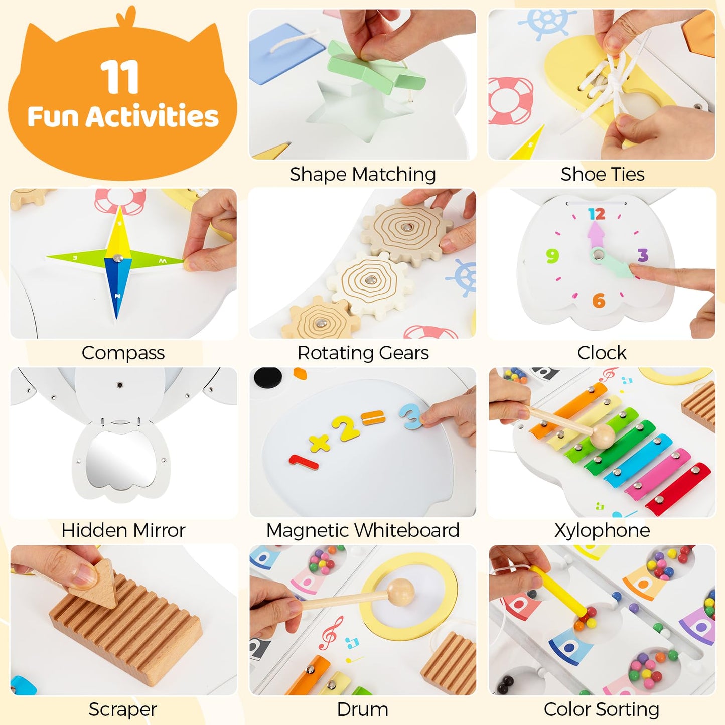 COSTWAY Activity Wall Busy Board Panels, 11 in 1 Wooden Sensory Wall Toy, Toddler Learning Activity Center for Education & Early Development (White Owl)
