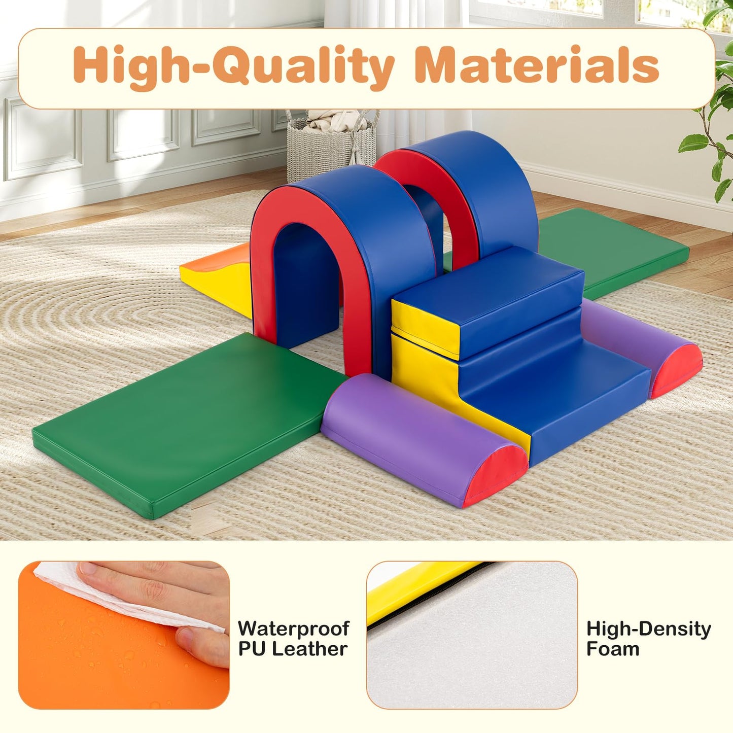 COSTWAY Kids Soft Play Set, 10 Pieces Baby Foam Climbing Blocks with Waterproof PU Leather, Indoor Toddler Climb and Crawl Activity Playset for Sensory Motor Skills