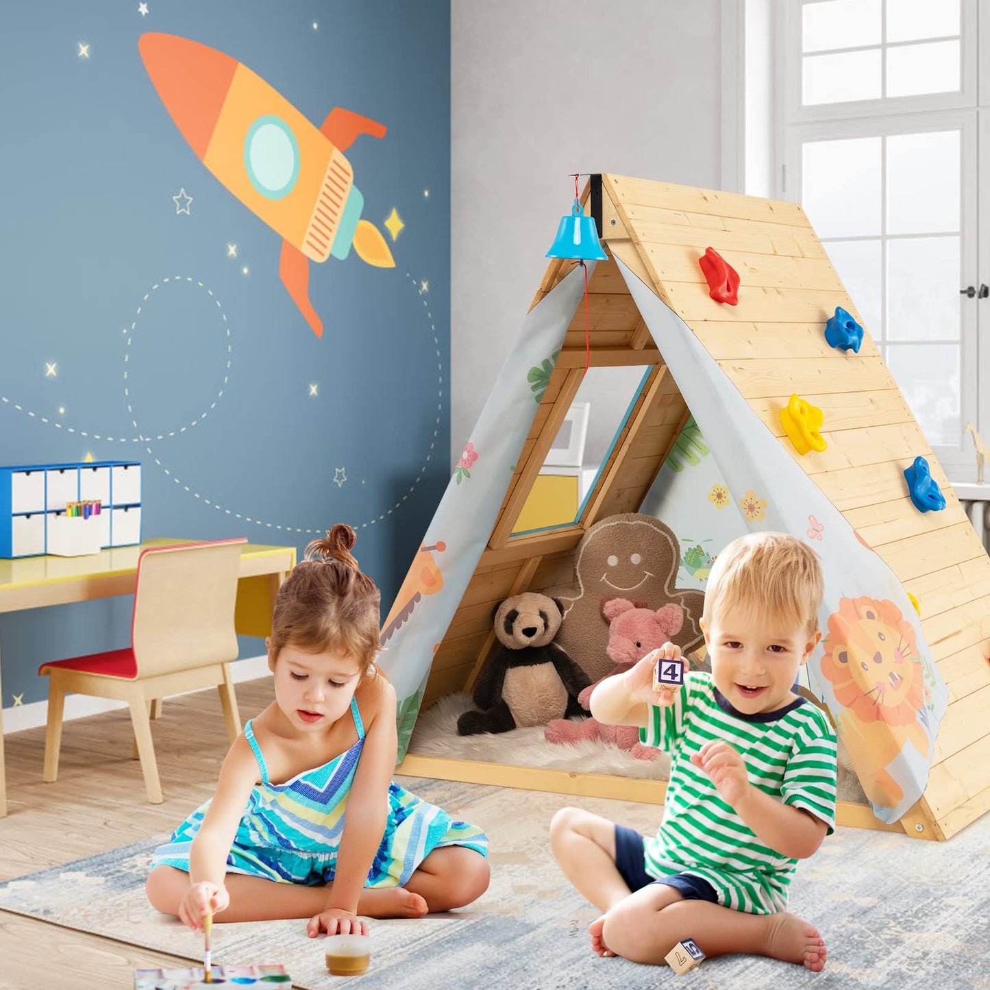 GYMAX Kids Wooden Playhouse, 2 in 1 Play Tent with Rock Climbing Wall, Ring Bell & Door