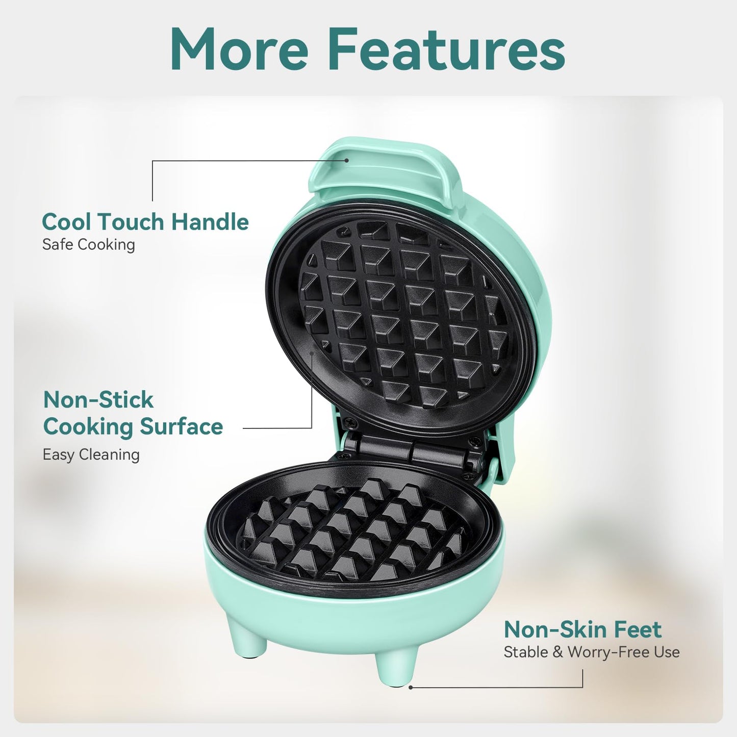 SNAILAR Mini Waffle Maker, 550W Waffle Iron, Ready Indicator Light, Non Stick Coating, Cool Touch Handle, Compact Size, Green