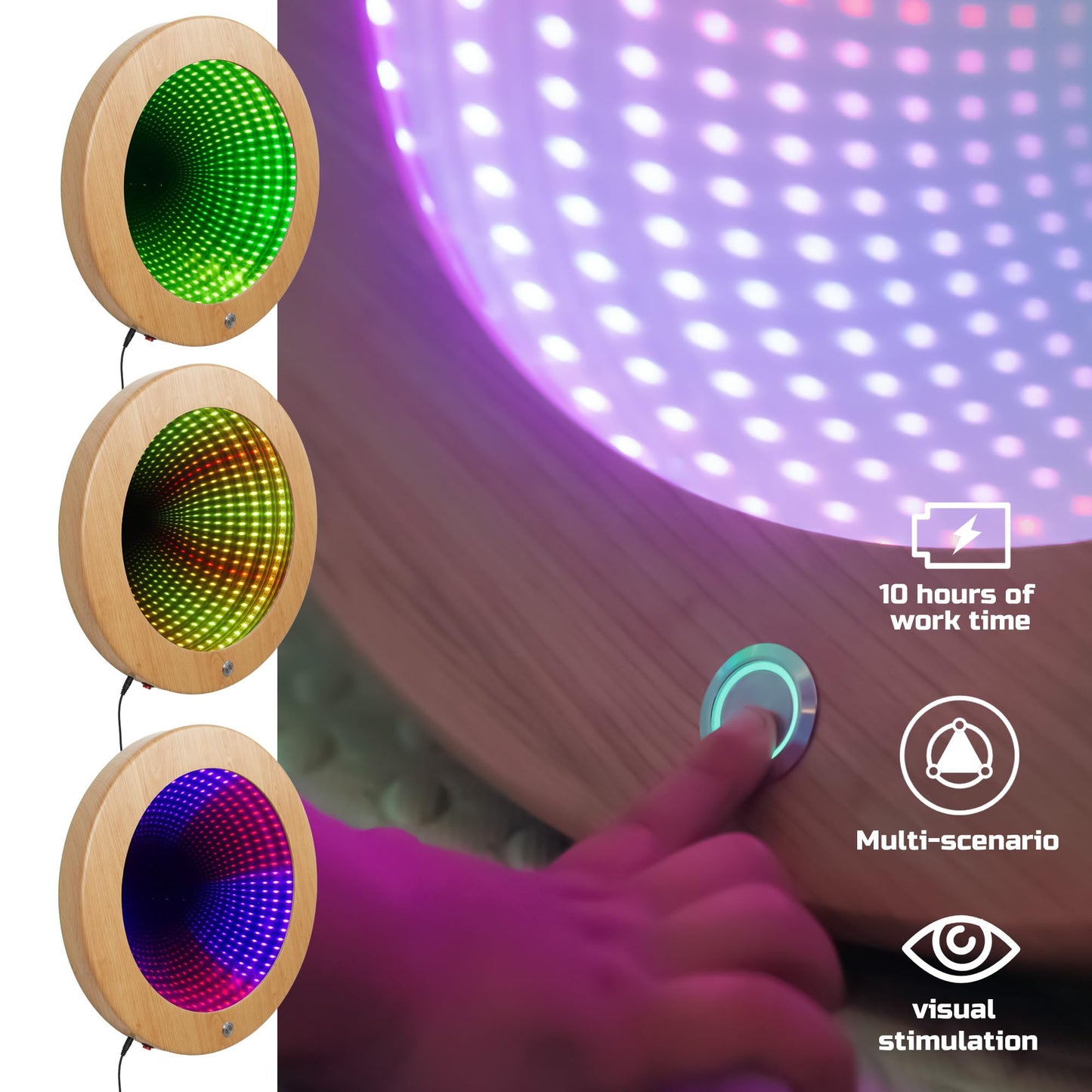 Tenmind Circle Infinity Mirror Sensory - Wall-Mountable & Floor-Standing - Ideal for Sensory Rooms & Kids Support - Features Multiple Light Changes & Smooth Wood Grain Finish