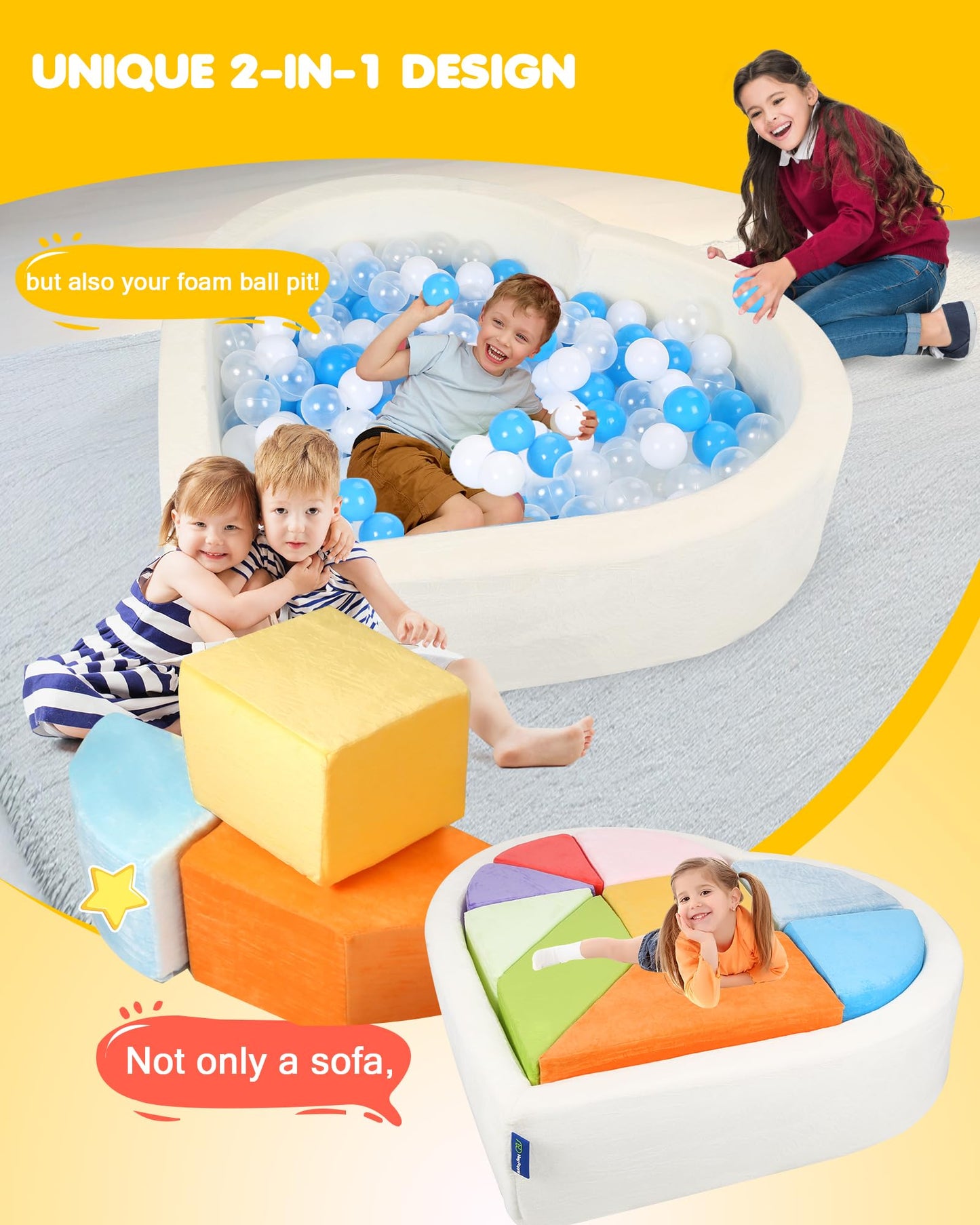 Kids Play Couch, 2-in-1 Heart-Shape Kids Plays Sofa with Unique Ball Pit(no Balls Included), Tangram Puzzle Play Couch for Playroom, Modular Play Sofa for Inspiring Creativity, Rainbow