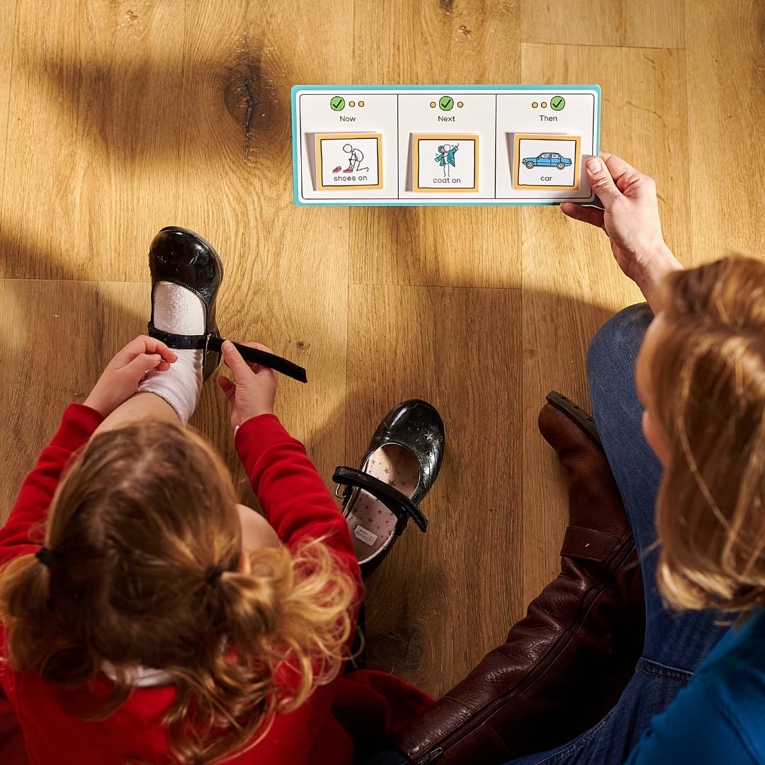 Now, Next and Then Board with hook coins to support visual communication, routine, transition for autism, adhd, speech and language, learning difficulties, preschoolers and early years.