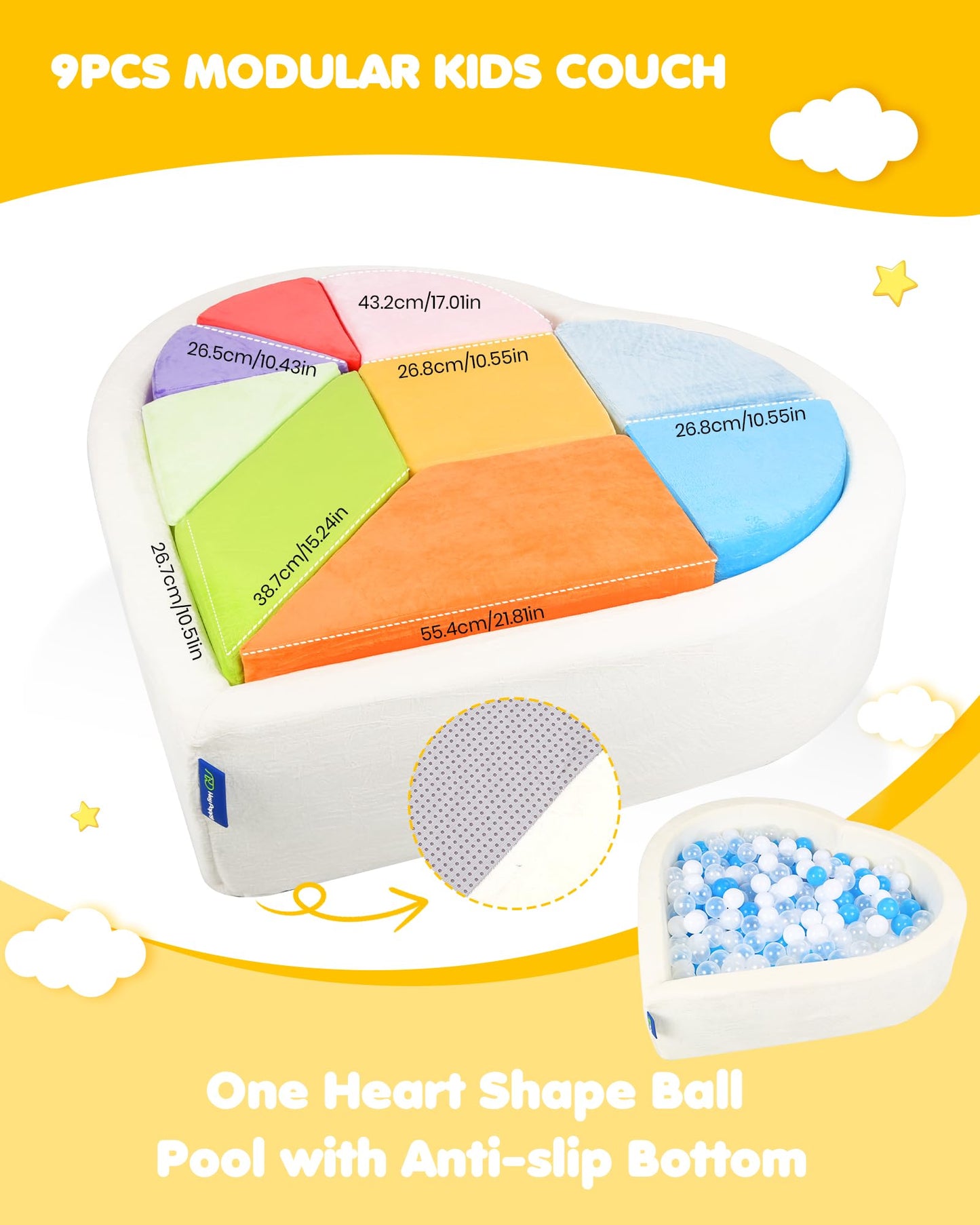 Kids Play Couch, 2-in-1 Heart-Shape Kids Plays Sofa with Unique Ball Pit(no Balls Included), Tangram Puzzle Play Couch for Playroom, Modular Play Sofa for Inspiring Creativity, Rainbow