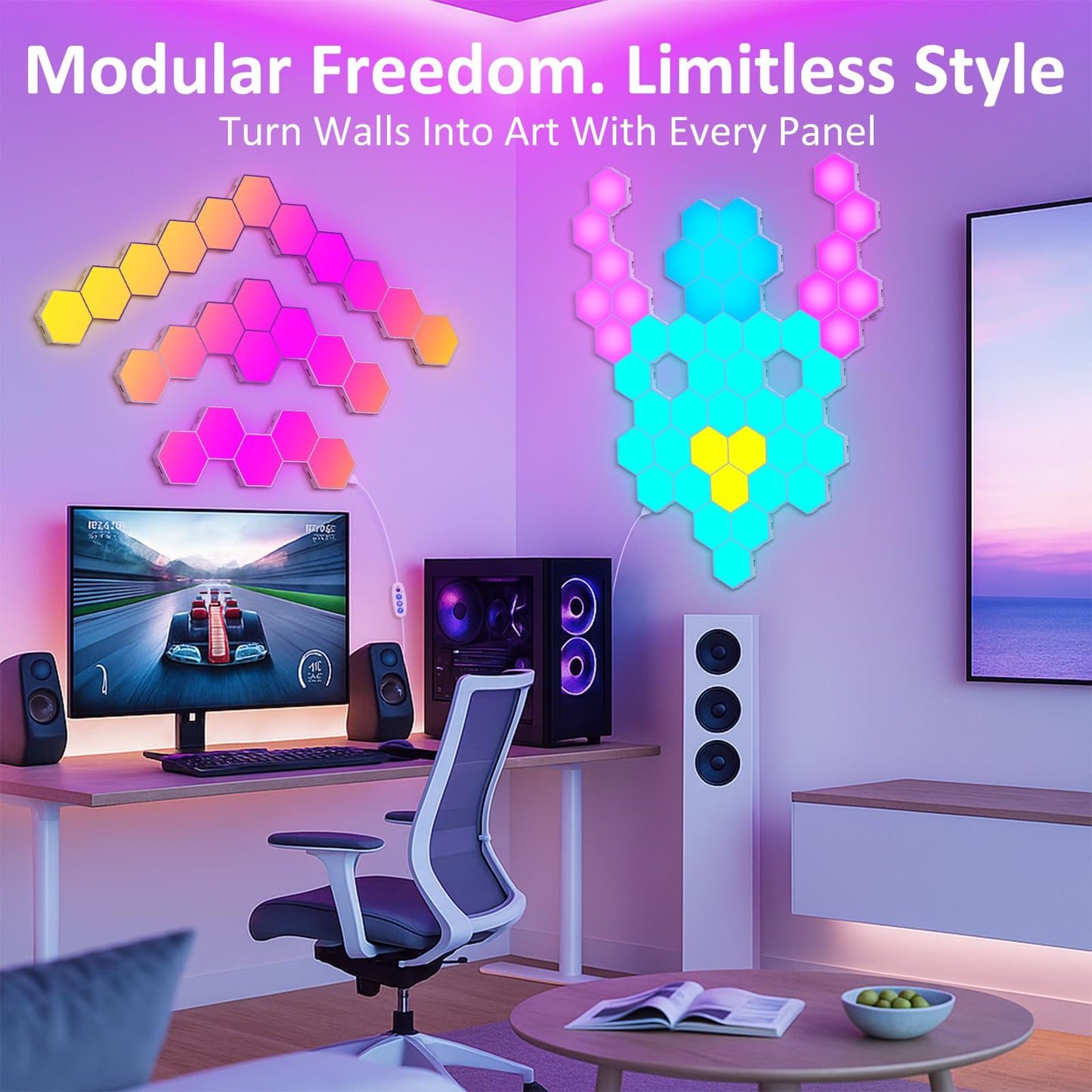 Kangtaixin Hexagon LED Lights – 8 Pack Hex Wall Light RGB Gaming Panels, Hexagonal Smart Light Sync to Music for Room Decor, Bar, Gaming Setup, Bedroom Wall