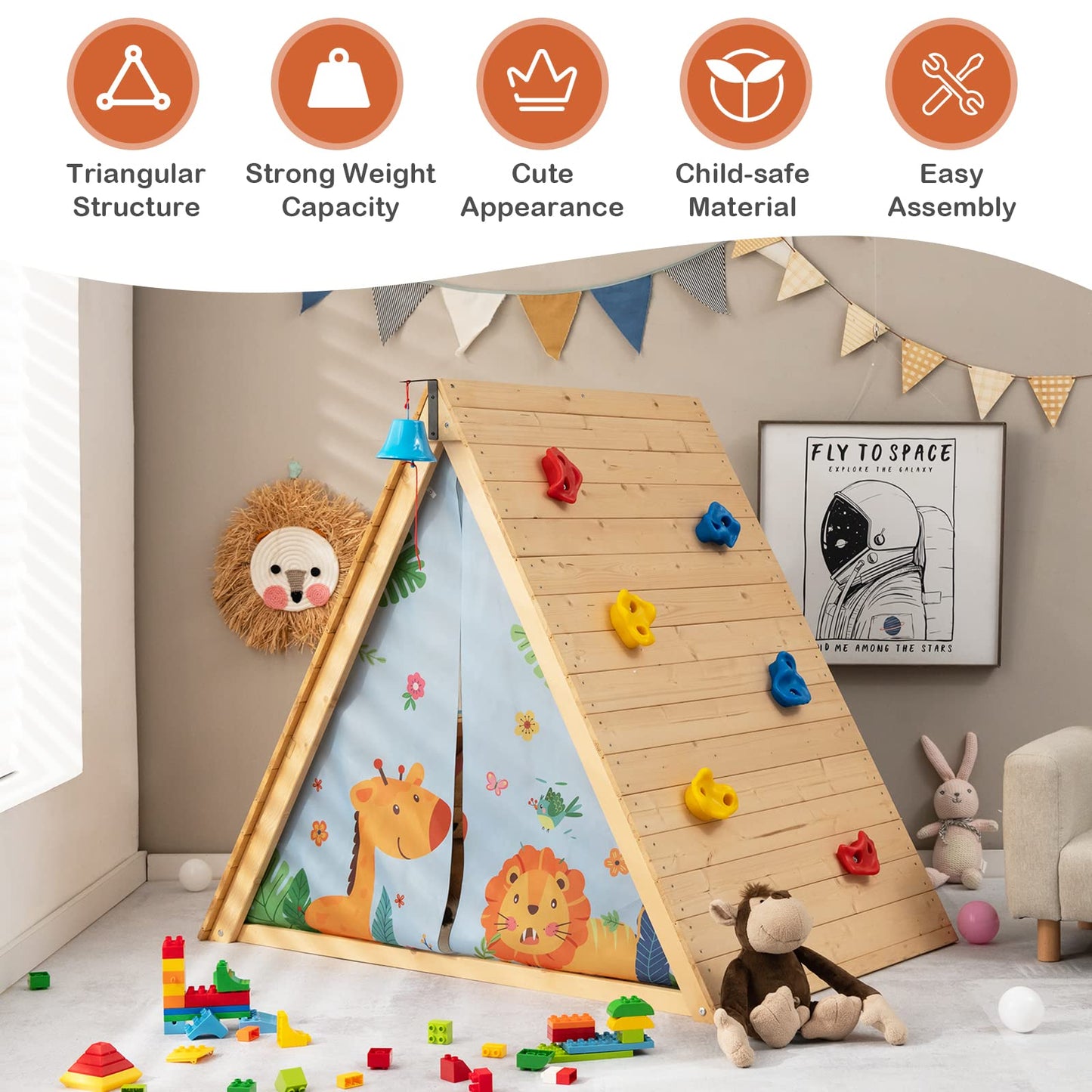 GYMAX Kids Wooden Playhouse, 2 in 1 Play Tent with Rock Climbing Wall, Ring Bell & Door