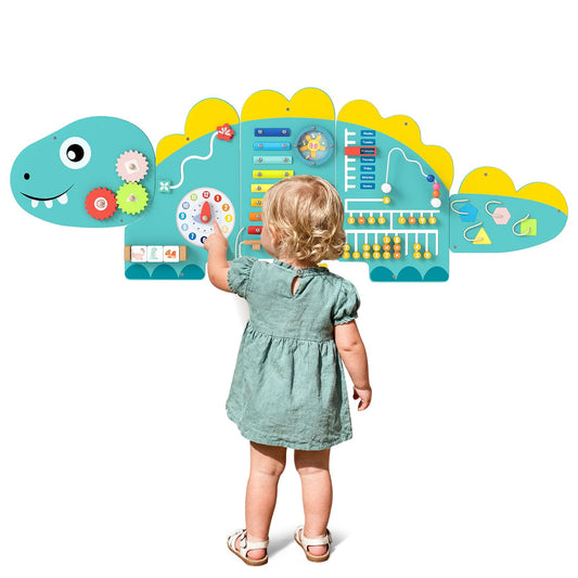 COSTWAY Activity Wall Busy Board Panels, 11 in 1 Wooden Sensory Wall Toy, Toddler Learning Activity Center for Education & Early Development (Green Dinosaur)