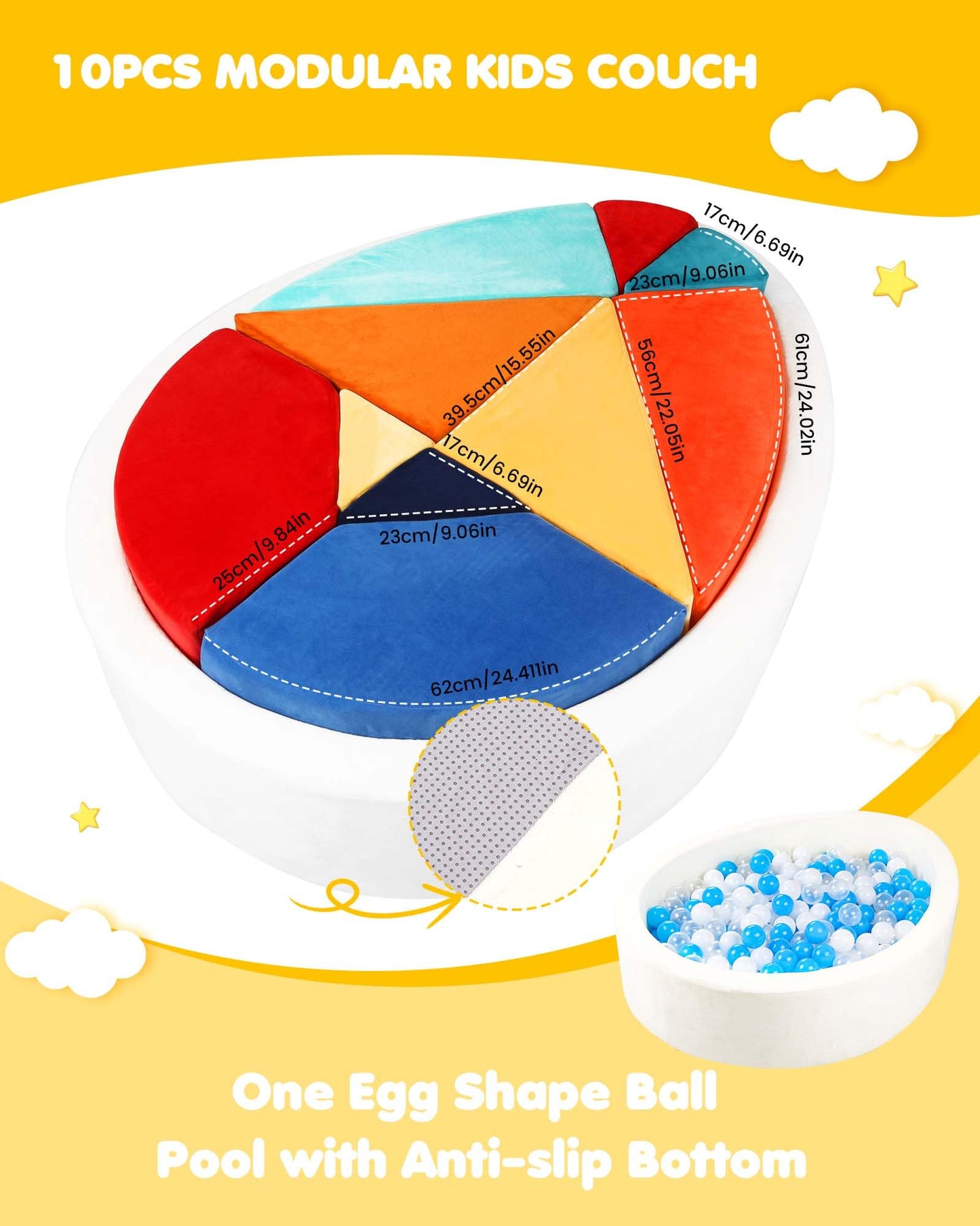 Heypappy Kids Play Couch, 2-in-1 Egg-Shape Kid Play Sofa with Unique Ball Pit(no Balls Included), Tangram Puzzle Plays Couch for Playroom, Modular Play Couchs for Inspiring Creativity, Samba