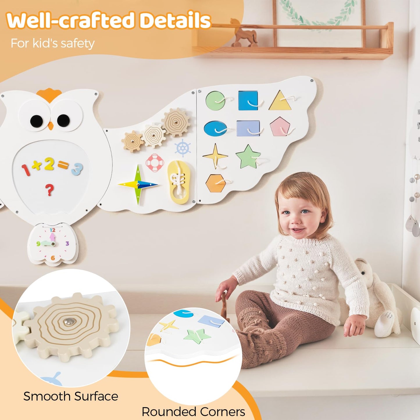 COSTWAY Activity Wall Busy Board Panels, 11 in 1 Wooden Sensory Wall Toy, Toddler Learning Activity Center for Education & Early Development (White Owl)